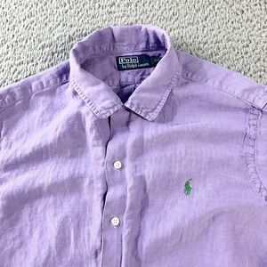 Polo Ralph Lauren Shirt Mens Large Purple Linen‎ Short Sleeve Collared Button Up